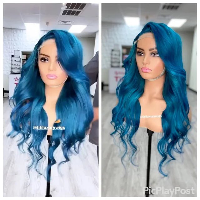 Tifi Hair LLC Brianna Wig – 24" Blue Loose Wave Transparent Lace Frontal Wig | Custom Colored Tifi Hair LLC Brianna Wig – 24" Blue Loose Wave Transparent Lace Frontal Wig | Custom Colored1