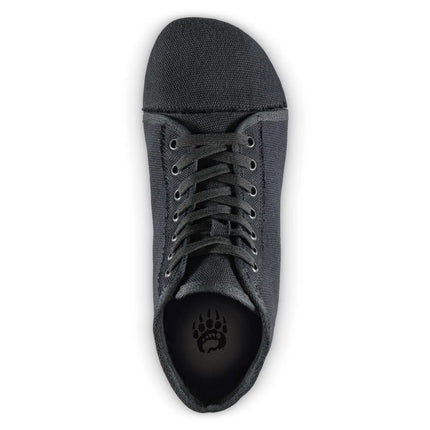 Bearfoot Ursus CHTG1 black canvas high-top barefoot shoe – angle view 3