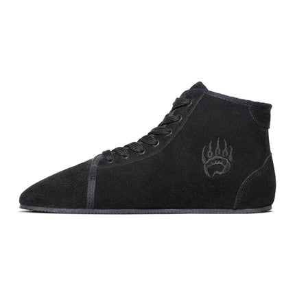 Bearfoot Ursus SHTG1 black suede high-top barefoot shoe – side view