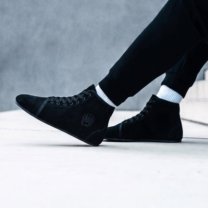 Bearfoot Ursus SHTG1 black suede high-top barefoot shoe – worn on foot