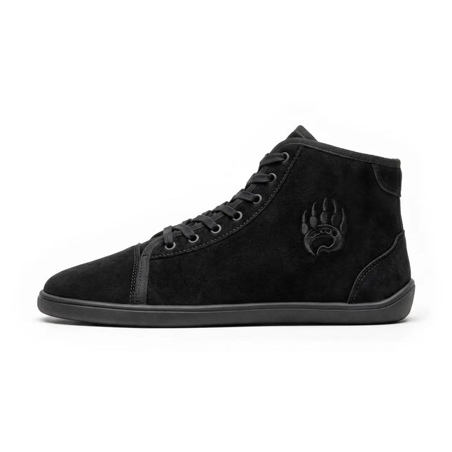 Bearfoot Ursus SHTG2 black suede high-top barefoot shoe – side view