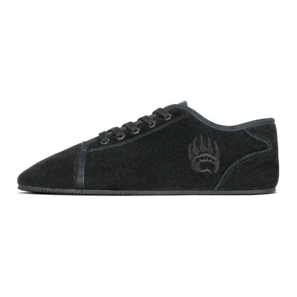 Bearfoot Ursus SLTG1 black suede low-top barefoot shoe – side view